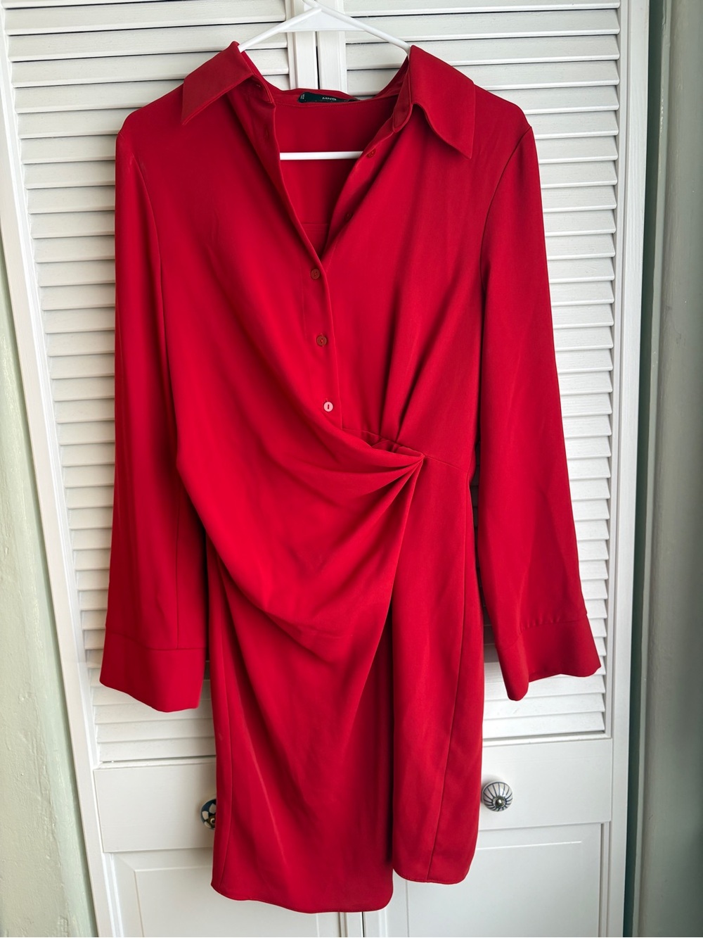 Mango Red Draped Long-Sleeve Shirt Dress